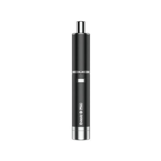 A sleek, black, pen-style dry herb vaporizer standing upright on a white background, featuring silver accents and 'Evolve-D Plus' branding.