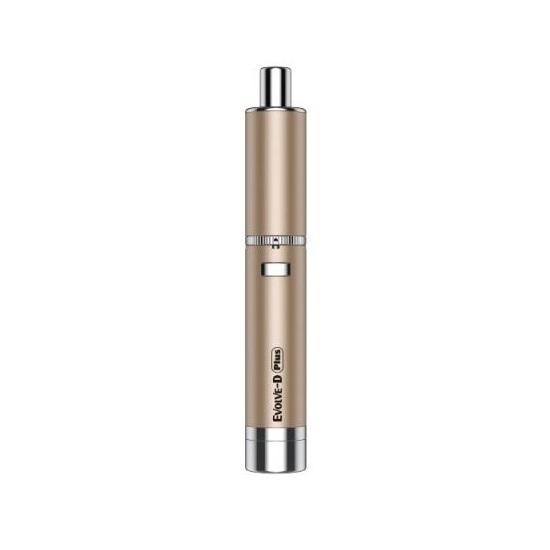 A sleek, metallic gold portable dry herb vaporizer pen standing upright against a white background, featuring silver accents on the mouthpiece and base, with 'Evolve-D Plus' text visible on the side.