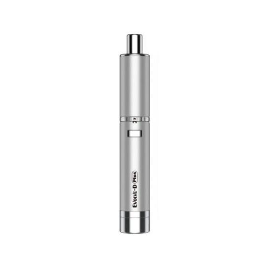 A sleek, silver cylindrical dry herb vaporizer stands upright against a white background, featuring a metallic finish and the 'EVOLVE-D Plus' logo printed vertically on its body.