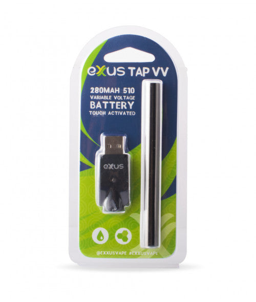 Product packaging for a black vape battery and USB charger, featuring green and blue wavy graphics and product information.