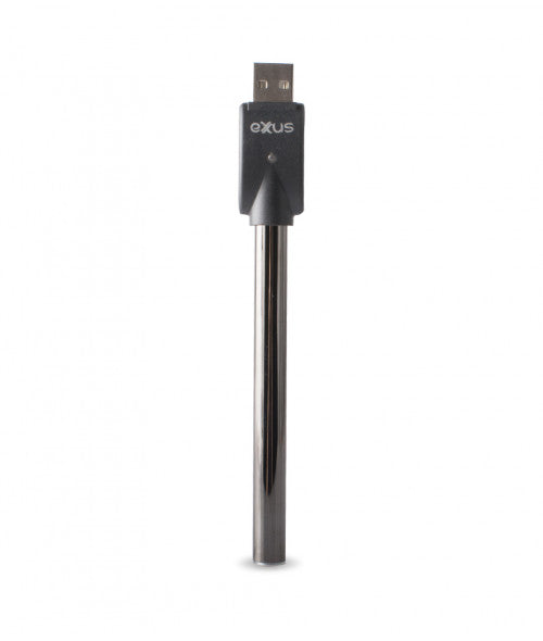 A black USB charger with an attached silver cylindrical battery, featuring the 'exxus' logo on the charger, presented vertically against a white background.