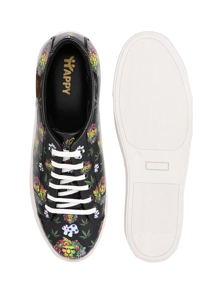 Deep Black Vegan Leather Shoes with Lion Design