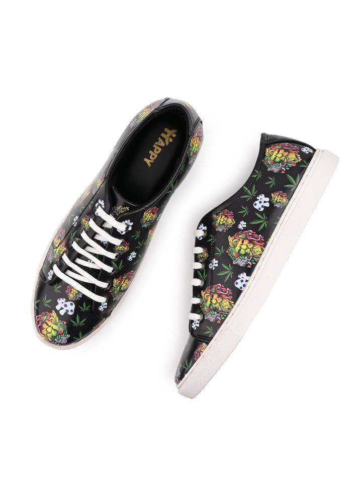 Deep Black Vegan Leather Shoes with Lion Design