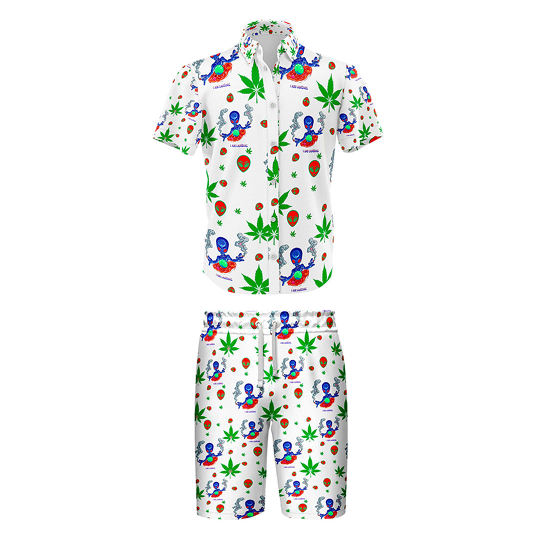White Leaf Print Casual Shirt & Shorts Set
