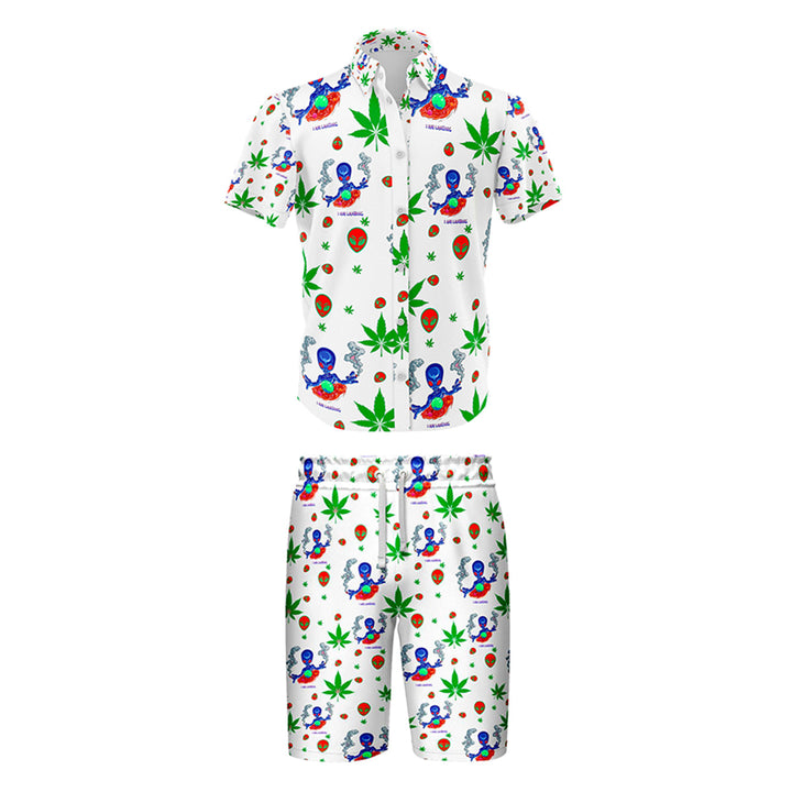 White Leaf Print Casual Shirt & Shorts Set