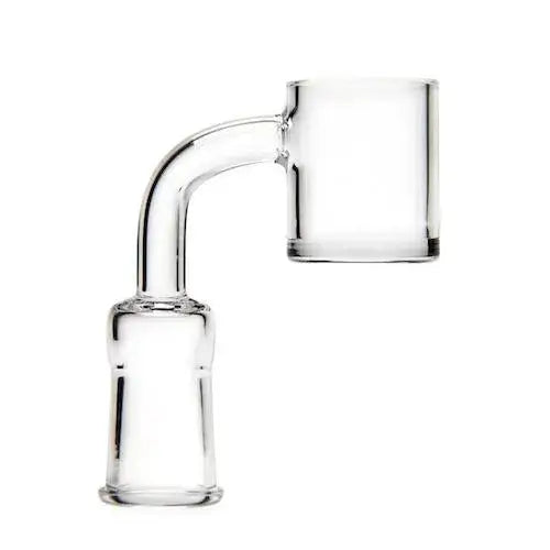 A clear glass banger with a flat top bucket and a curved neck leading to a female joint.