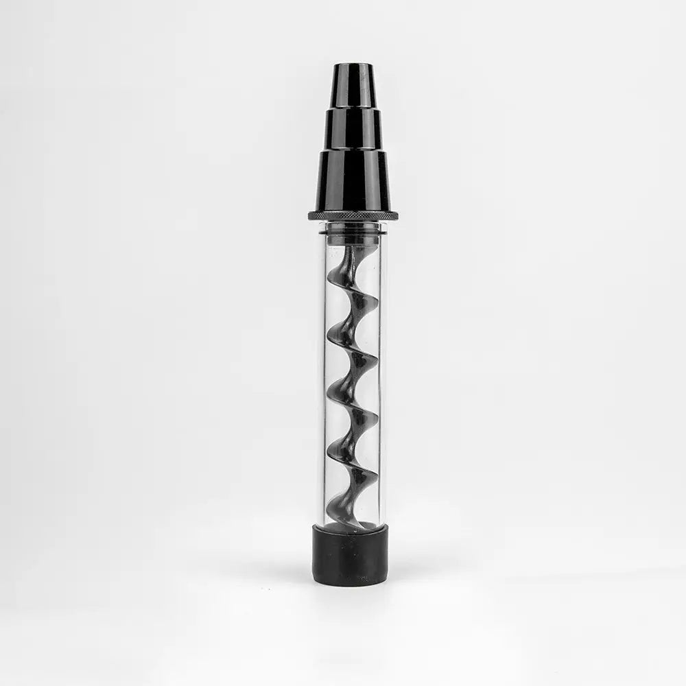 Close-up, full-length view of a clear glass blunt with a black spiral interior and a stepped black mouthpiece, standing upright against a white background.