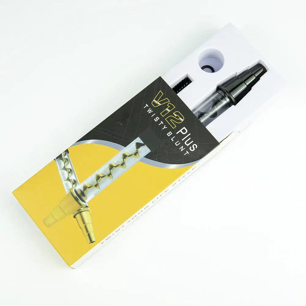Retail packaging for a glass blunt hand pipe, featuring a black and yellow box with product branding and a clear view of the pipe and accessories inside.