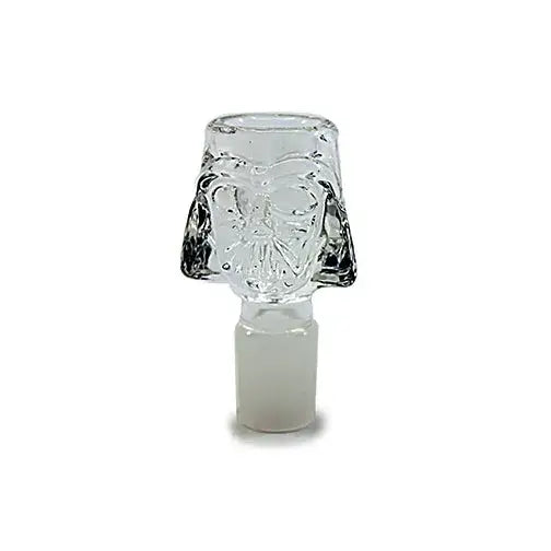 A clear glass smoking bowl shaped like Darth Vader's helmet, featuring intricate details of the iconic mask, with a frosted male joint at the bottom, set against a plain white background.