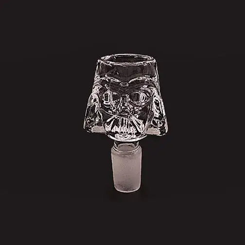 Close-up of a clear glass smoking bowl shaped like Darth Vader's helmet, featuring a frosted male joint.