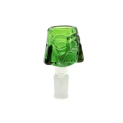 Close-up studio shot of a green glass smoking bowl shaped like Darth Vader's helmet, featuring a clear male joint at the bottom, set against a white background.