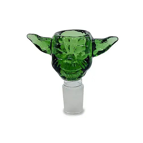 A green glass smoking bowl shaped like Yoda's head with large ears, featuring a frosted clear male joint at the bottom, set against a white background.