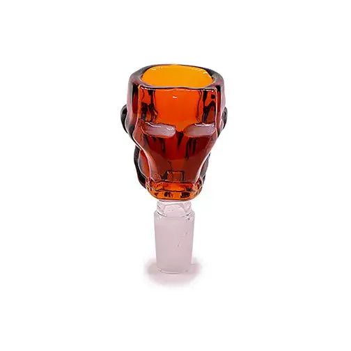 An amber-colored glass smoking bowl shaped like an Iron Man helmet, featuring a clear male joint at the bottom, set against a white background.
