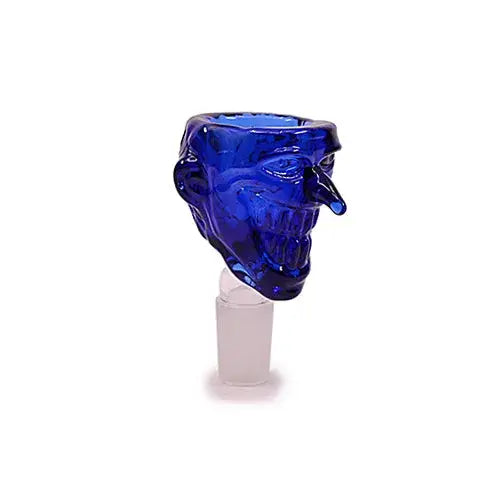 Close-up of a vibrant blue glass smoking bowl shaped like a grinning face with a prominent nose, attached to a frosted male joint.