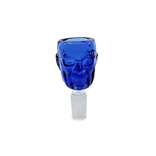 Close-up shot of a blue glass smoking bowl shaped like a humanoid face, featuring a clear male joint at the bottom, set against a plain white background.