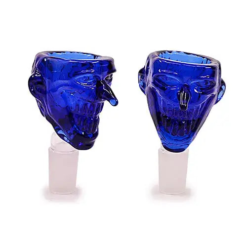 Two blue glass smoking bowls, each shaped like a grinning face with a prominent nose and teeth, featuring a frosted male joint at the bottom, displayed against a white background.