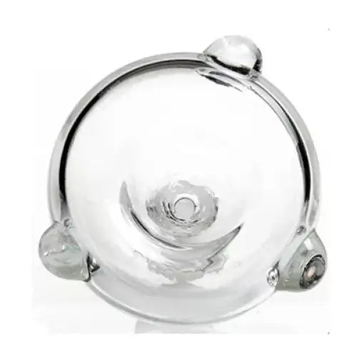 Close-up view of a clear glass bowl replacement for water pipes, showing its spherical shape and small nubs for grip.