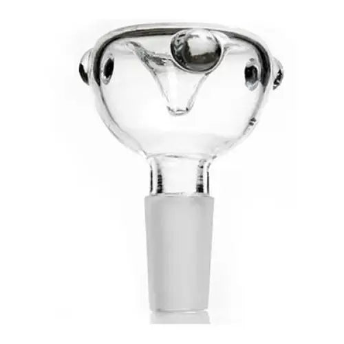 Clear glass bowl replacement for water pipes, featuring a male joint and small glass nubs on the sides.