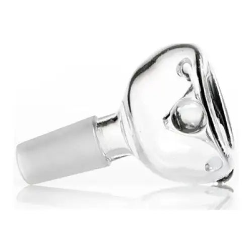 Close-up detail of a clear glass bowl replacement featuring a frosted male joint, designed for glass water pipes.