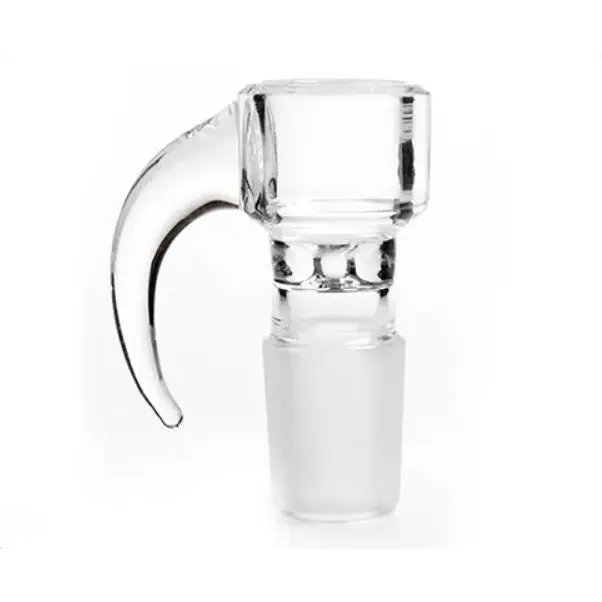 Clear glass hand pipe bowl with a frosted male joint and an integrated curved handle, presented on a clean white background.