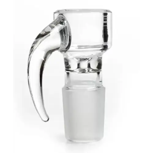 Clear glass bowl with a frosted joint and an integrated curved handle on the side, designed for a water pipe.