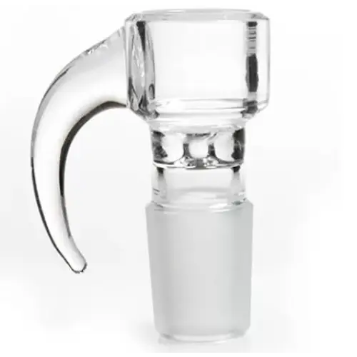 Close-up studio shot of a clear glass pipe bowl featuring a frosted male joint and a curved, clear glass handle extending from the side.