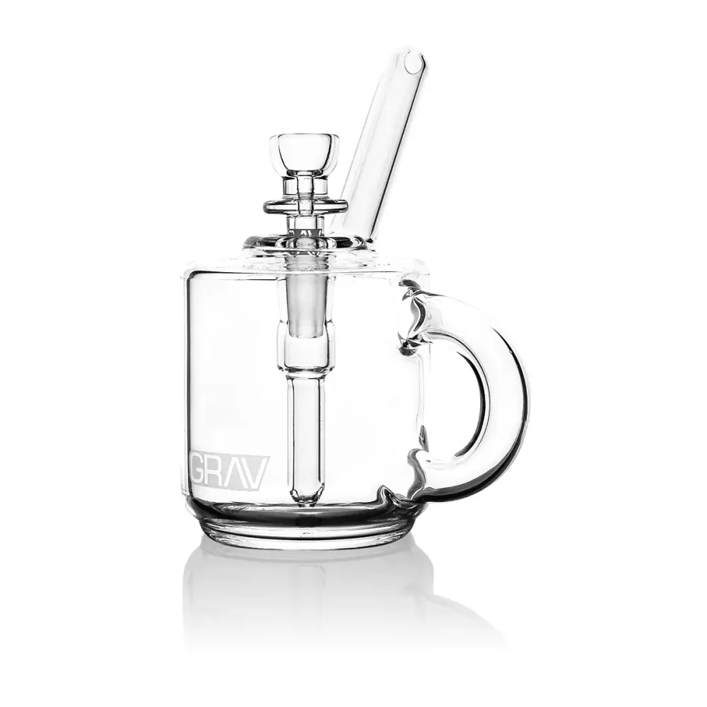 Clear glass bubbler shaped like a coffee mug with a handle, featuring a removable downstem and bowl, against a white background.
