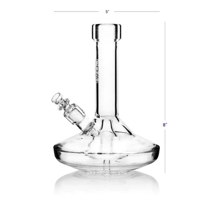 Detail shot of a clear glass water pipe with a wide base and straight neck, showing its 8-inch height and 5-inch base width against a white background.