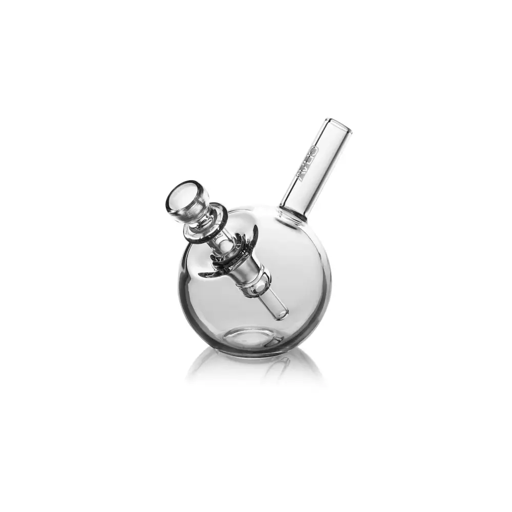 A full view of a yellow and black silicone-wrapped glass water pipe with a clear glass bowl, standing on a white background.