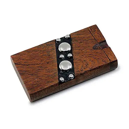 Angled close-up of a rectangular wooden dugout featuring a central black strip with silver dome studs.