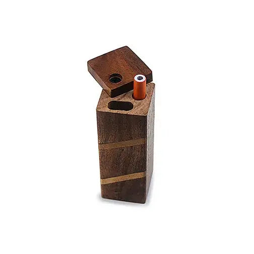 A dark brown wooden rectangular dugout with lighter wood stripes, featuring an open lid revealing two compartments, one holding an orange one-hitter pipe.