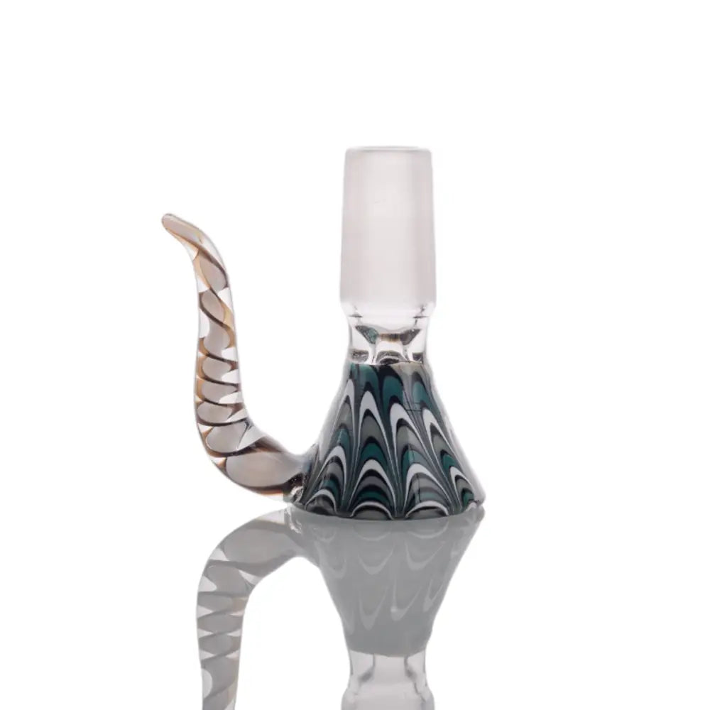 Close-up of a glass bowl piece featuring a conical base with a teal, white, and gray swirled pattern, and a clear glass handle with a subtle gold swirl.