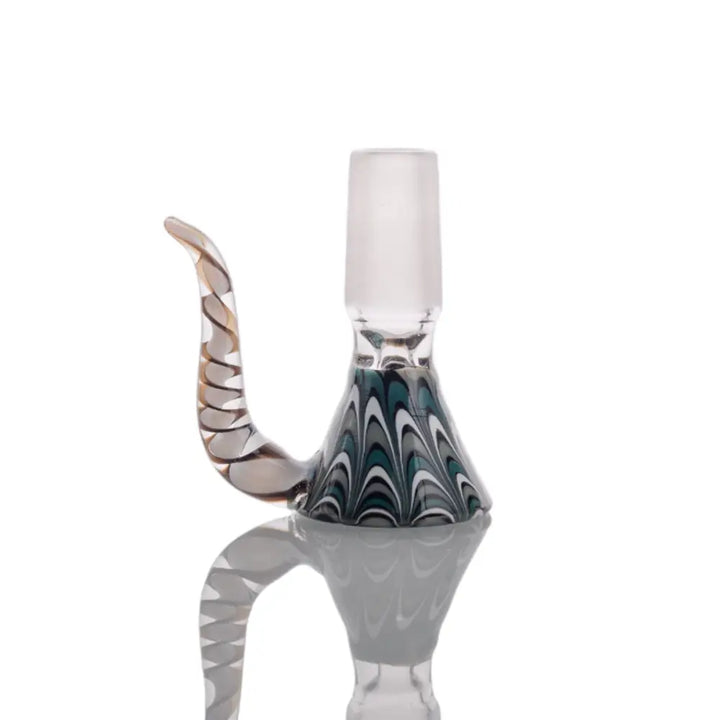 Close-up of a glass bowl piece featuring a conical base with a teal, white, and gray swirled pattern, and a clear glass handle with a subtle gold swirl.