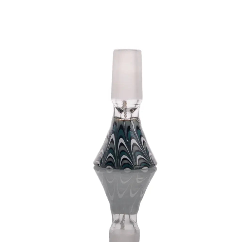 Close-up detail shot of a glass bowl with a dark teal, white, and grey swirled pattern, featuring an 18mm male joint at the top, reflected on a surface.