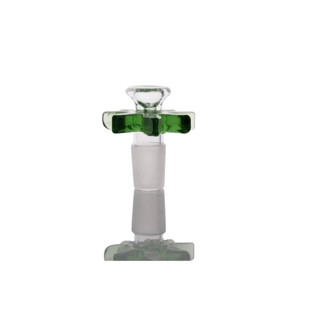 Detail shot of a green and clear glass bowl with an 18mm male joint, featuring star-shaped green glass accents around the top and bottom.