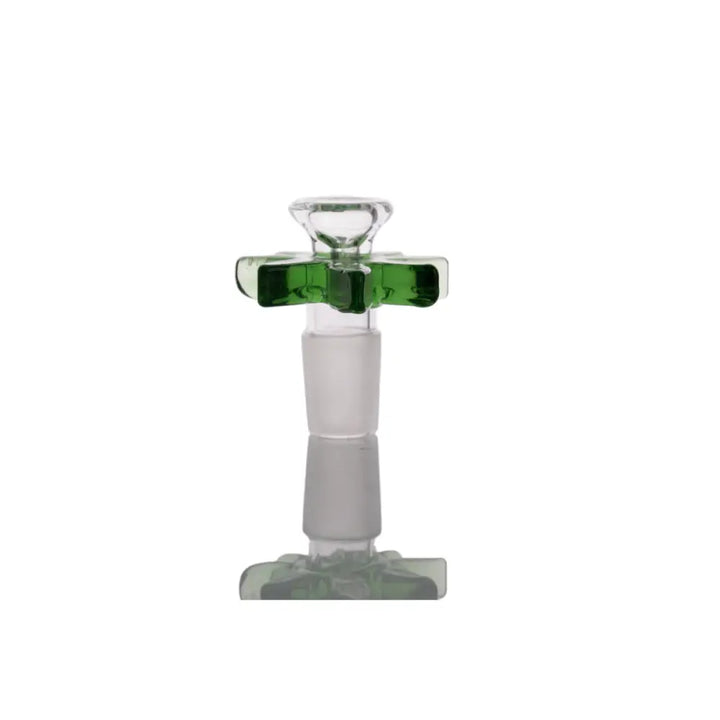 Detail shot of a green and clear glass bowl with an 18mm male joint, featuring star-shaped green glass accents around the top and bottom.