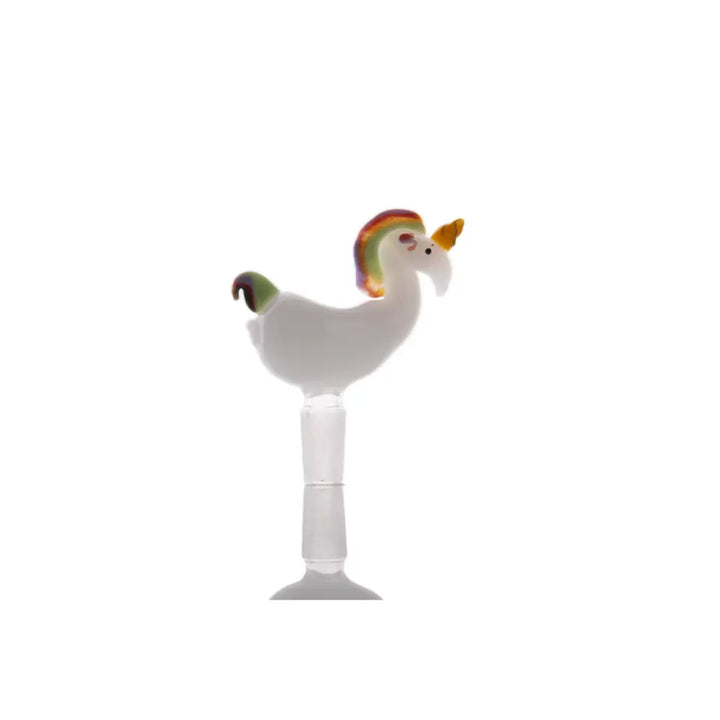 A white glass unicorn-shaped bowl with a rainbow mane and tail, attached to a clear glass male joint, standing upright.