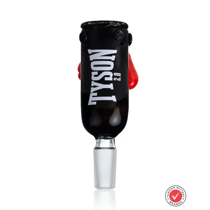 A black glass bowl with 'TYSON 2.0' text and red boxing gloves on the side, featuring a clear glass joint, against a white background.