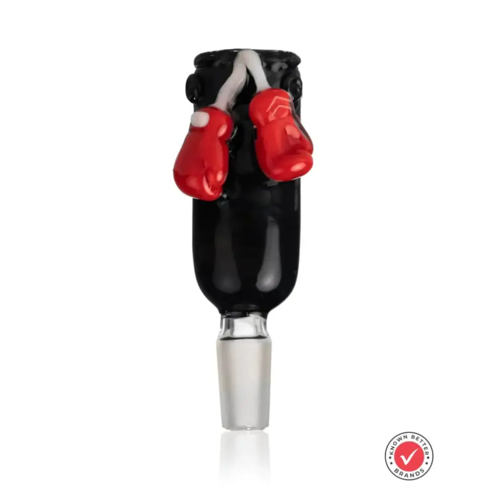 Front view of a black glass bowl piece shaped like a punching bag, with two small red boxing gloves hanging from the top, against a white background.