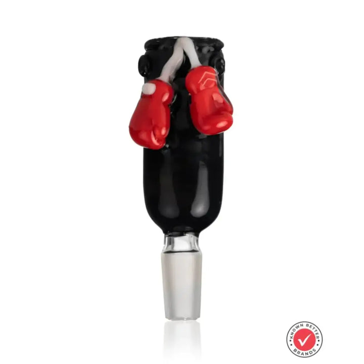 Front view of a black glass bowl piece shaped like a punching bag, with two small red boxing gloves hanging from the top, against a white background.