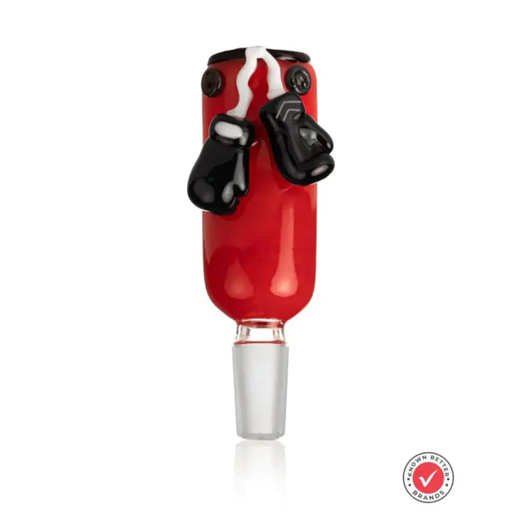 A red glass bowl shaped like a punching bag, featuring black boxing gloves hanging from white laces at the top, with a clear glass joint at the bottom.