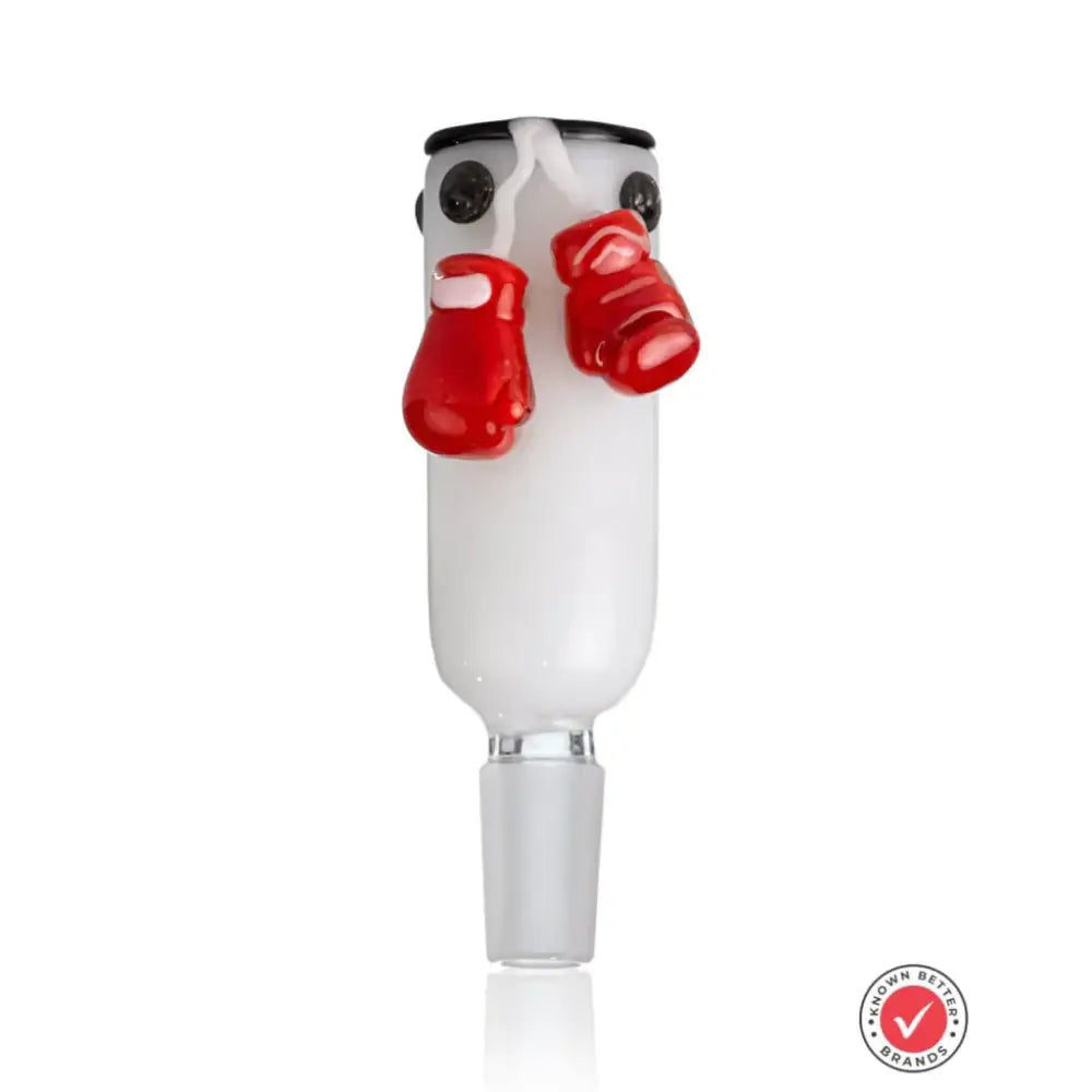 White glass bowl piece with a male joint, featuring two red boxing gloves hanging from the top rim, against a white background.