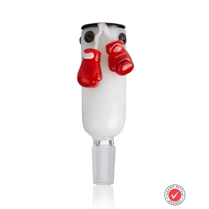 White glass bowl piece with a male joint, featuring two red boxing gloves hanging from the top rim, against a white background.