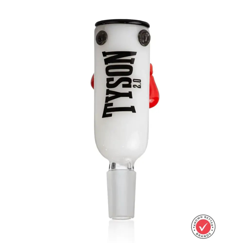 A white glass bowl shaped like a boxing heavy bag, featuring black 'TYSON 2.0' branding and small red boxing glove accents on the sides, with a clear glass male joint at the bottom.