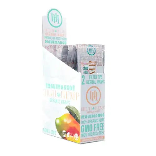 A white and light green retail display box filled with individual packages of High Hemp Organic Blunt Wraps, featuring a vibrant mango illustration on the front panel.