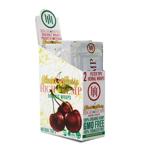 A white cardboard display box filled with individual packages of High Hemp Organic Blunt Wraps, featuring a 'Blazin' Cherry' flavor design with illustrations of red cherries and green leaves.