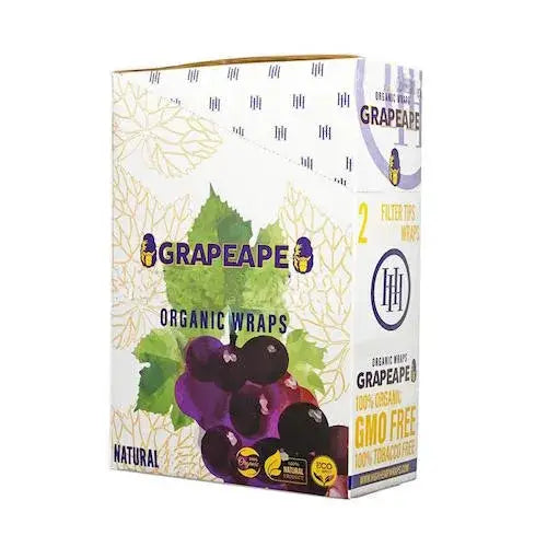 White and purple box of organic blunt wraps featuring grape illustrations and product information, shown at an angle.