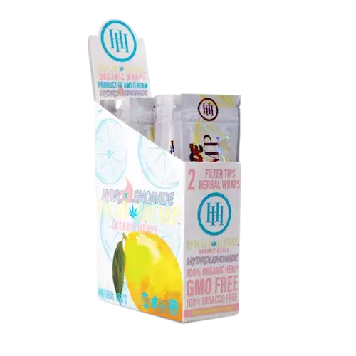 A white display box of High Hemp Organic Blunt Wraps, Hydro Lemonade flavor, showcasing individual wrap packages inside. The box features lemon graphics and text highlighting 'Organic Wraps' and '100% Tobacco Free'.