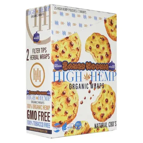 White and brown cardboard box packaging for High Hemp Organic Wraps, featuring illustrations of chocolate chip cookies.