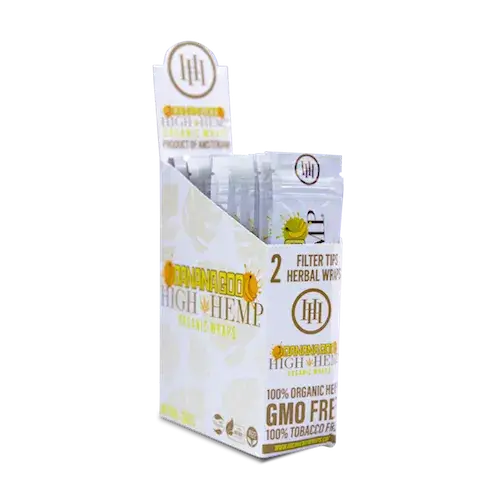 A white cardboard display box filled with individual packages of High Hemp organic blunt wraps, featuring yellow and gold branding with a banana graphic.